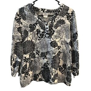 Hot Cotton Women's Black White Floral Linen Tunic Top V Neck Long Sleeve Small